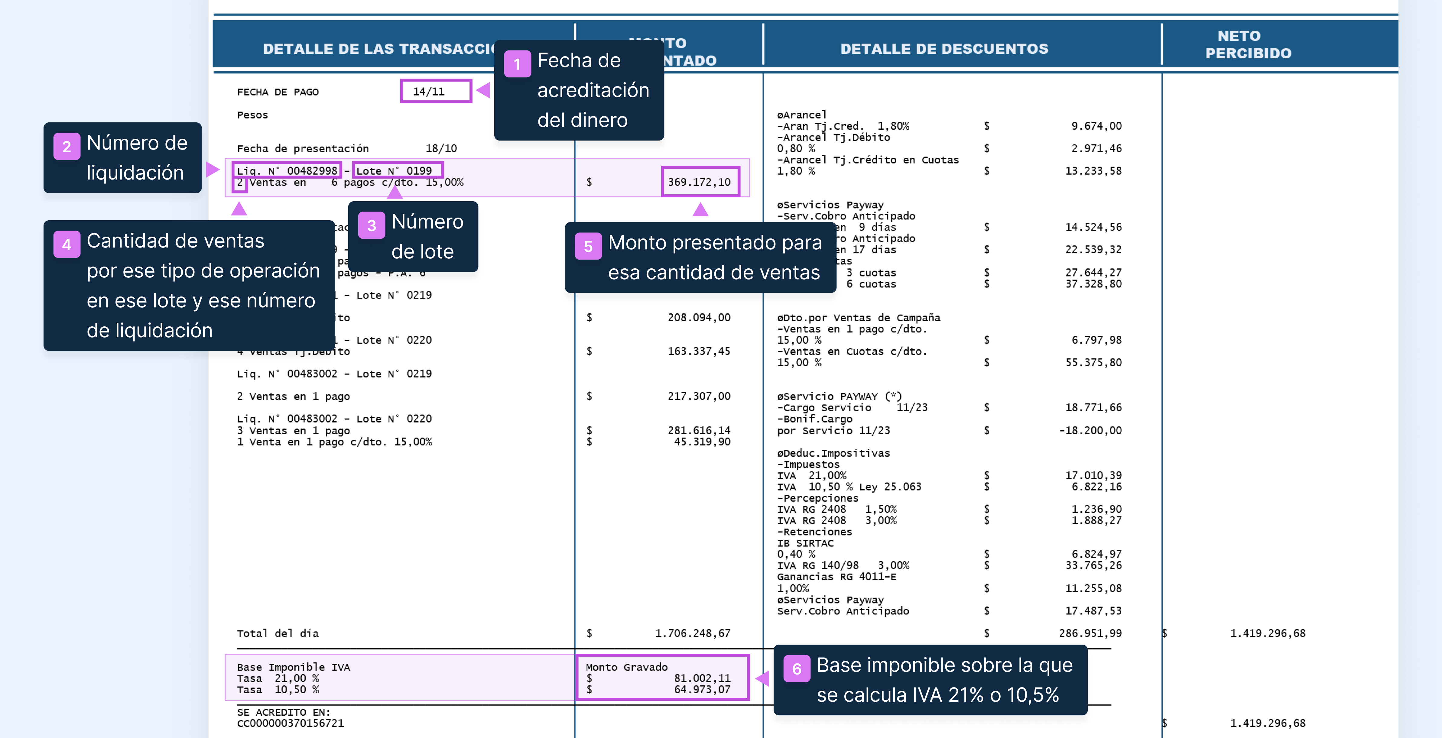 Cuerpo del documento de Liquidaciones Diarias